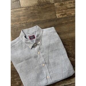 Untuckit Mens Button Up Shirt Medium Light Blue Checked 100% Linen Short Sleeve